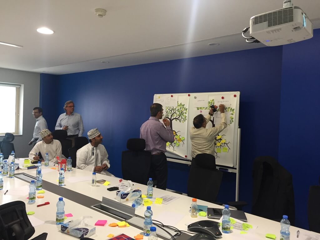 A group of people adding ideas and images to a shared vision board on a whiteboard.