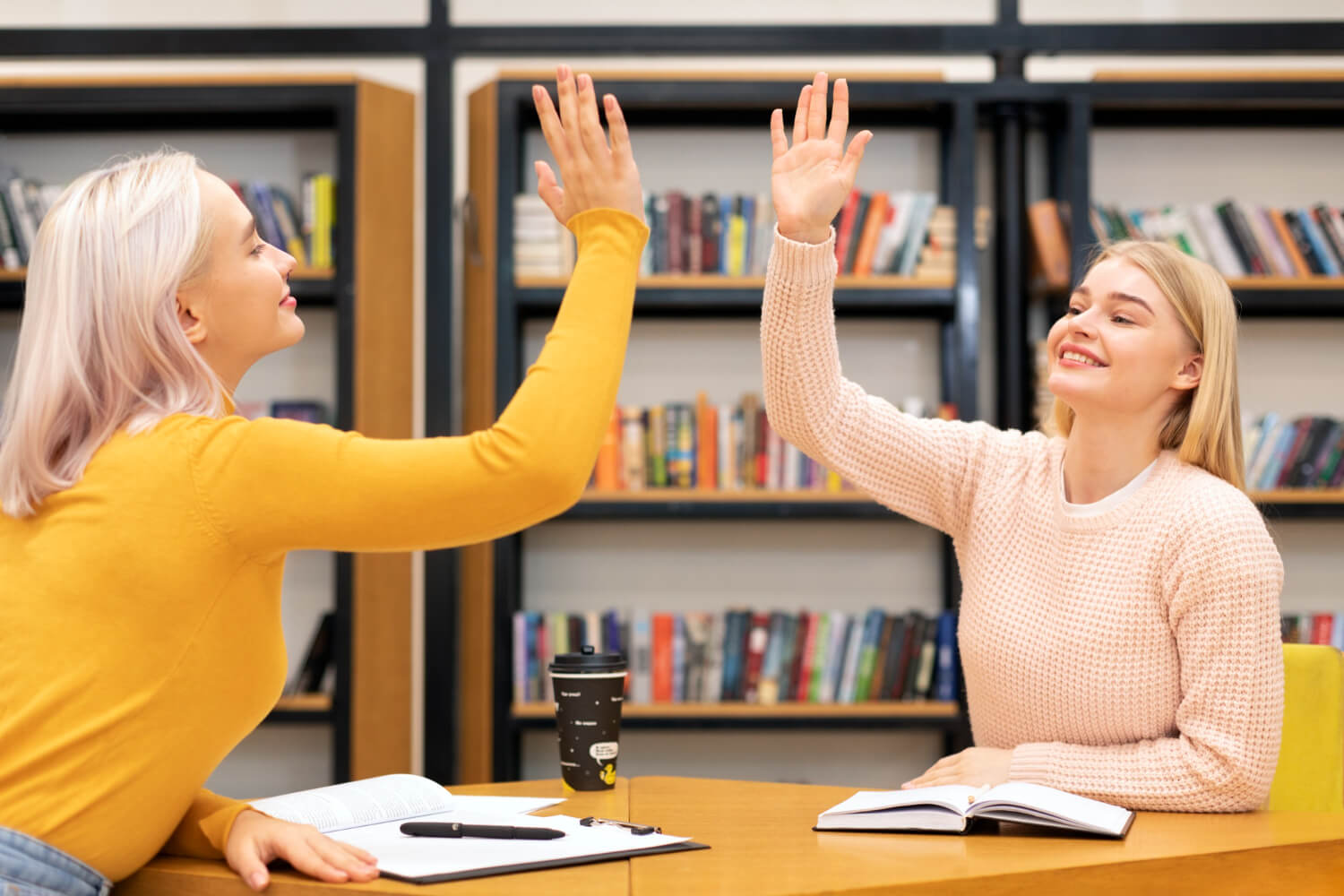 Two professionals high-five over code of ethics discussion.