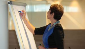 A leader uses a whiteboard to explain the GROW model, showcasing her expertise as a coach.