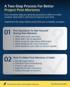 How project post-mortems use constructive feedback to encourage reflection, accountability, and continuous improvement 